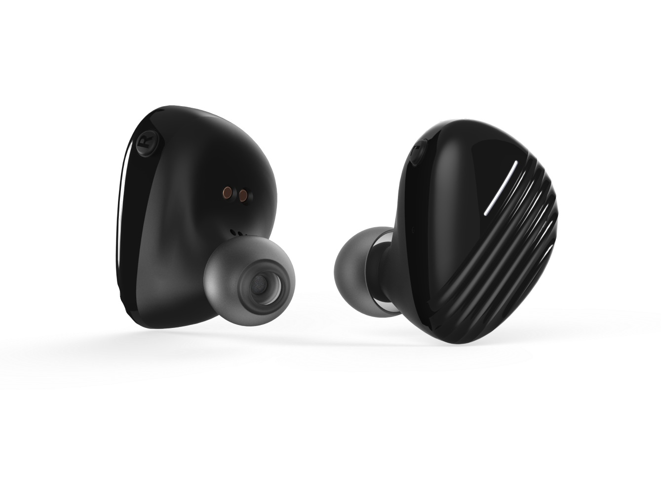 A set of black earbuds on a white background