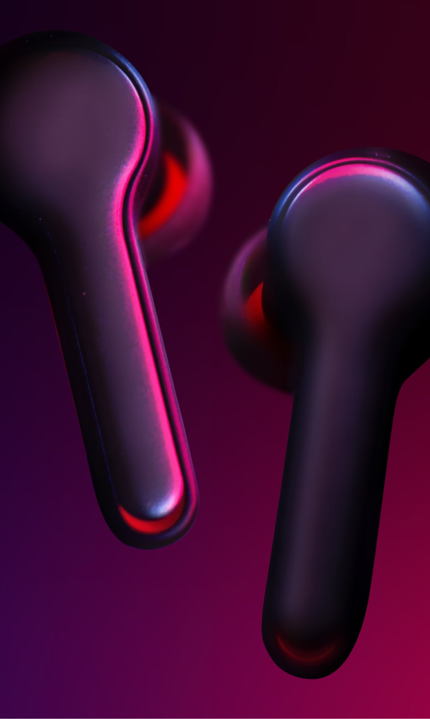 Earbuds on a pink and purple lighting