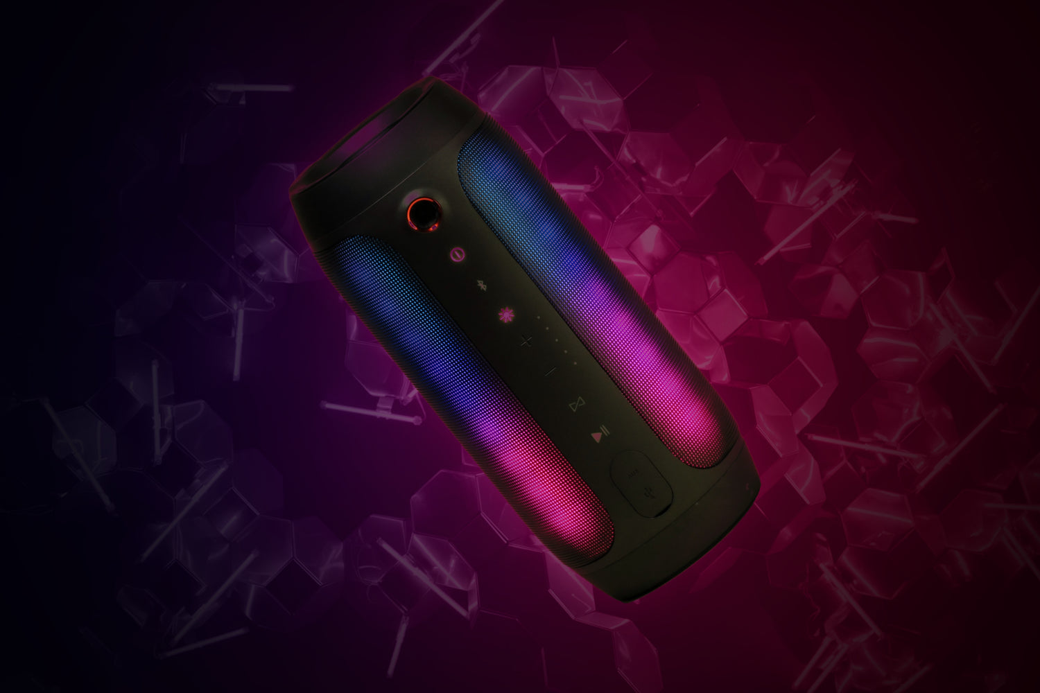 A wireless speaker in a dark pink abstract environment